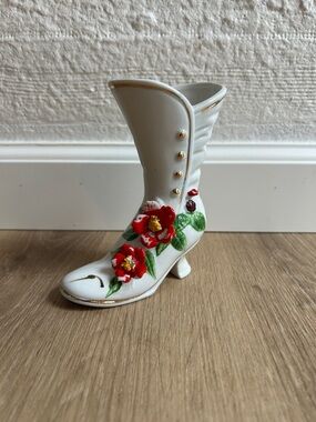 Vintage Royal Crown White Porcelain Victorian Boot Vase with Red Floral Detail